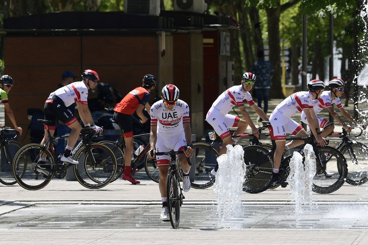 One of the UAE riders took a detour to cool off