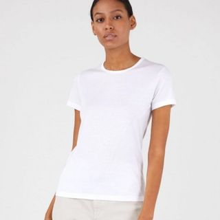 model wearing white crew neck t-shirt
