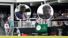 Main image of Rory McIlroy teeing off on the first hole at East Lake during the 2026 Tour Championship and announcer Larry David on the right side as well as in two inset photos in the centre