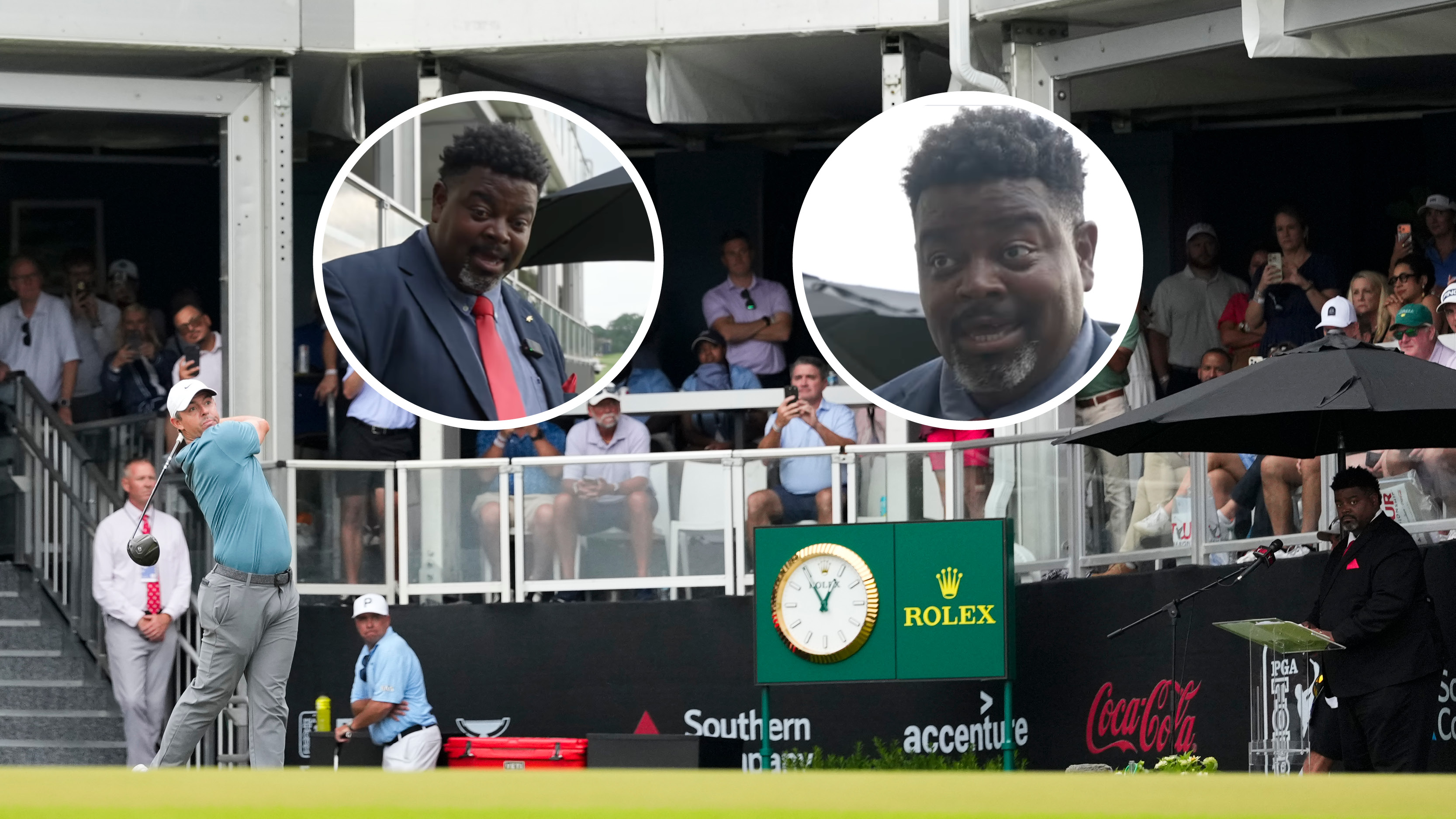 Main image of Rory McIlroy teeing off on the first hole at East Lake during the 2026 Tour Championship and announcer Larry David on the right side as well as in two inset photos in the centre
