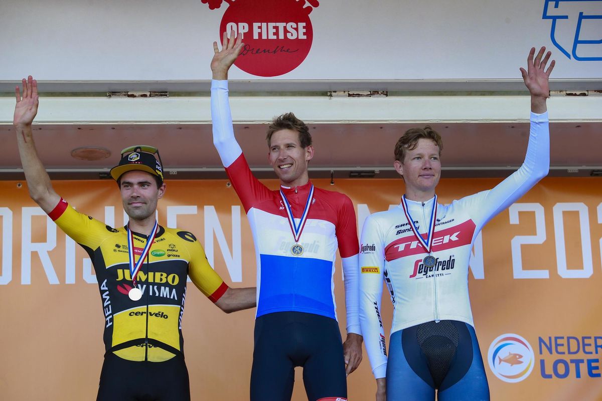 National Championships Netherlands 2022 Elite Men ITT Emmen 22062022 Tom Dumoulin NED Team Jumbo Visma Bauke Mollema NED Trek Segafredo Daan Hoole NED Trek Segafredo photo Davy RietbergenCVSprintCyclingAgency2022
