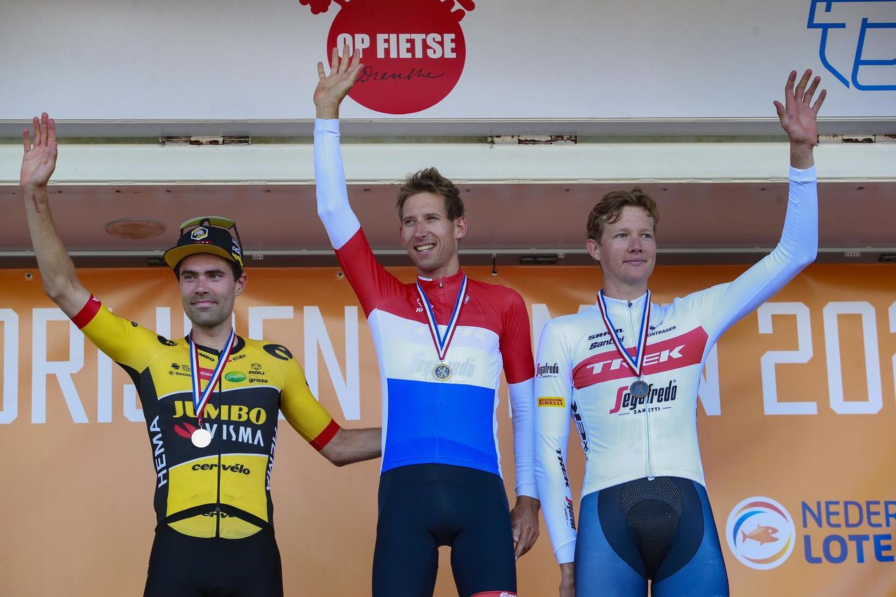 National Championships Netherlands 2022 Elite Men ITT Emmen 22062022 Tom Dumoulin NED Team Jumbo Visma Bauke Mollema NED Trek Segafredo Daan Hoole NED Trek Segafredo photo Davy RietbergenCVSprintCyclingAgency2022