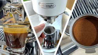 Split image of espresso in cup, person using espresso machine, and ground espresso beans in portafilter