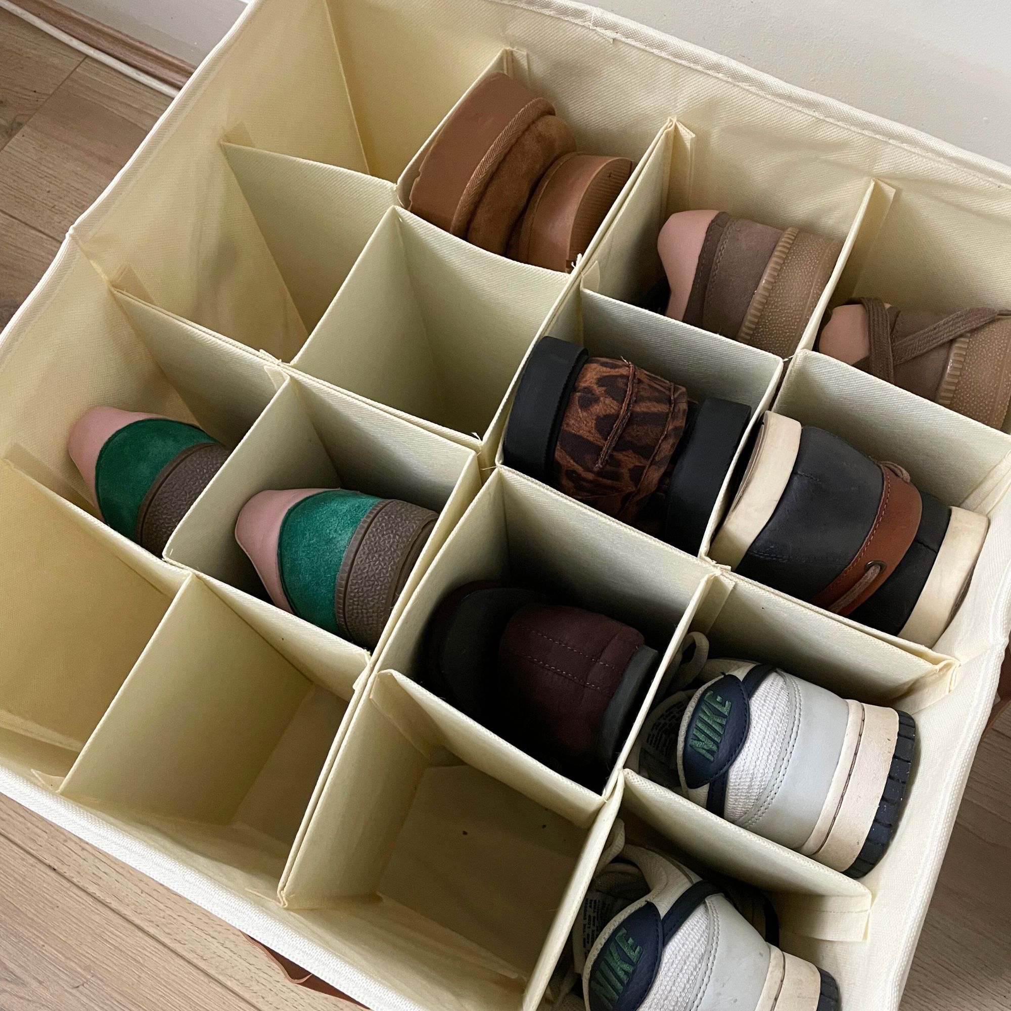 Amazon shoe storage box filled with shoes