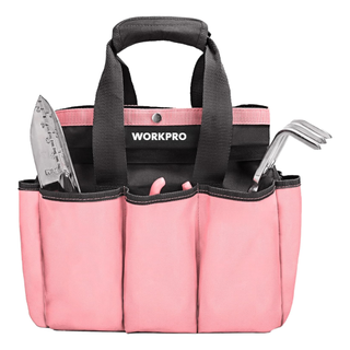 A pink garden tool tote