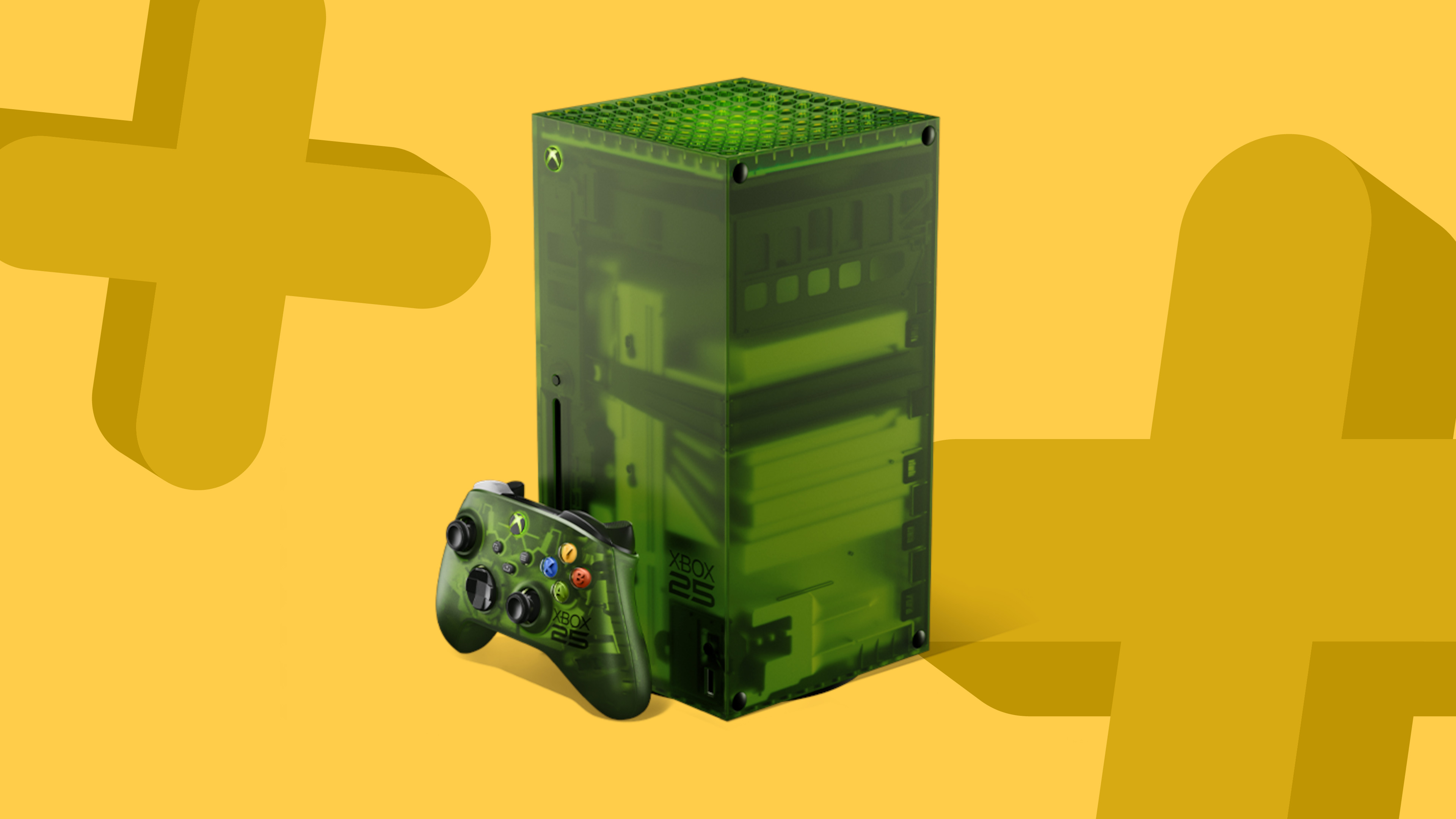 Xbox Series X25 special edition console and controller on a yellow background