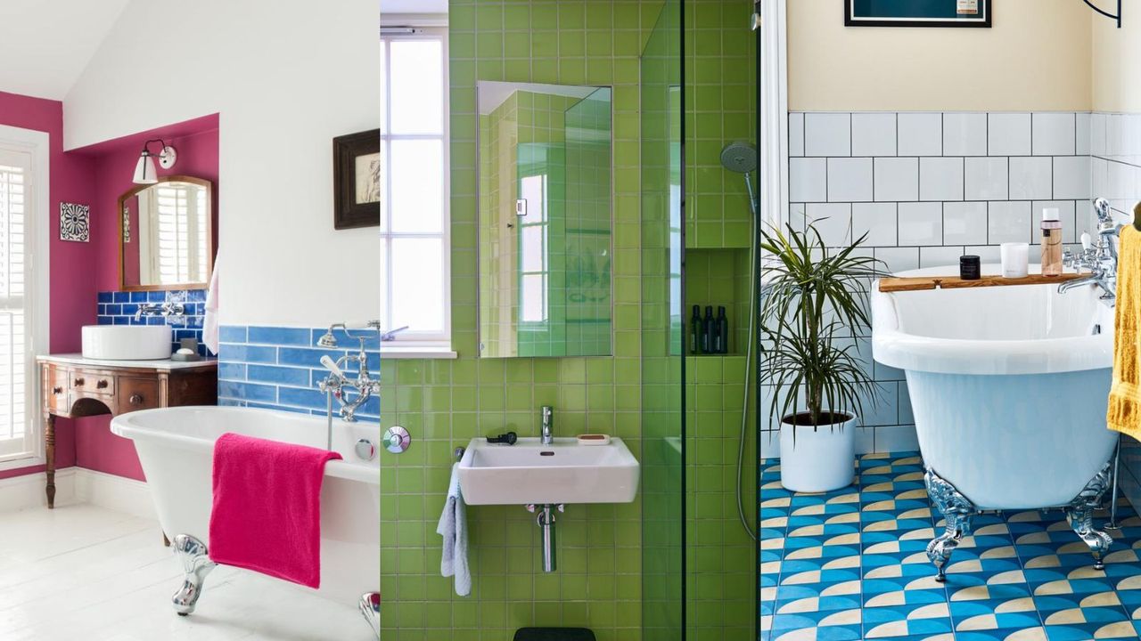 pink blue and green bathroom with molly mahon pink wallpaper