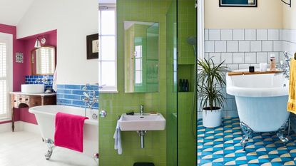 pink blue and green bathroom with molly mahon pink wallpaper