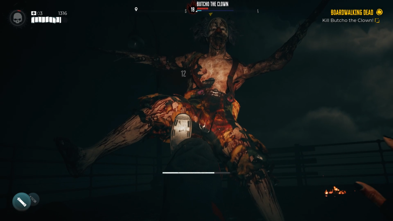 A zombie clown is shot in the air in Dead Island 2.