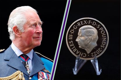 King Charles III alongside his new coin effigy, displayed by the Royal Mint in London, UK, on Thursday, Sept. 29, 2022. 