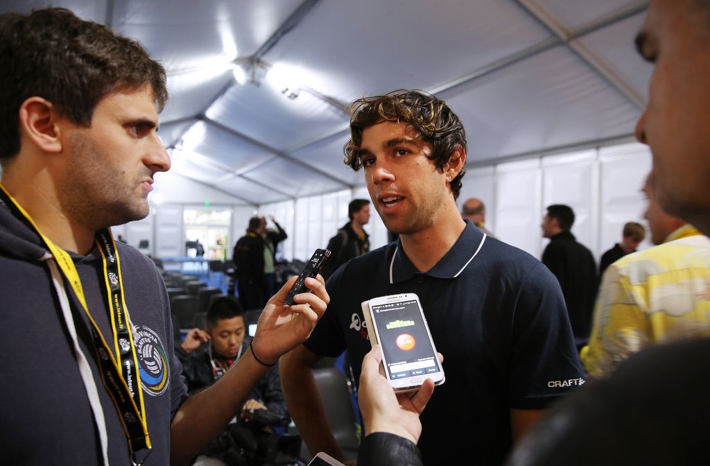 Michael Matthews (Orica-BikeExchange) answering questions with the press