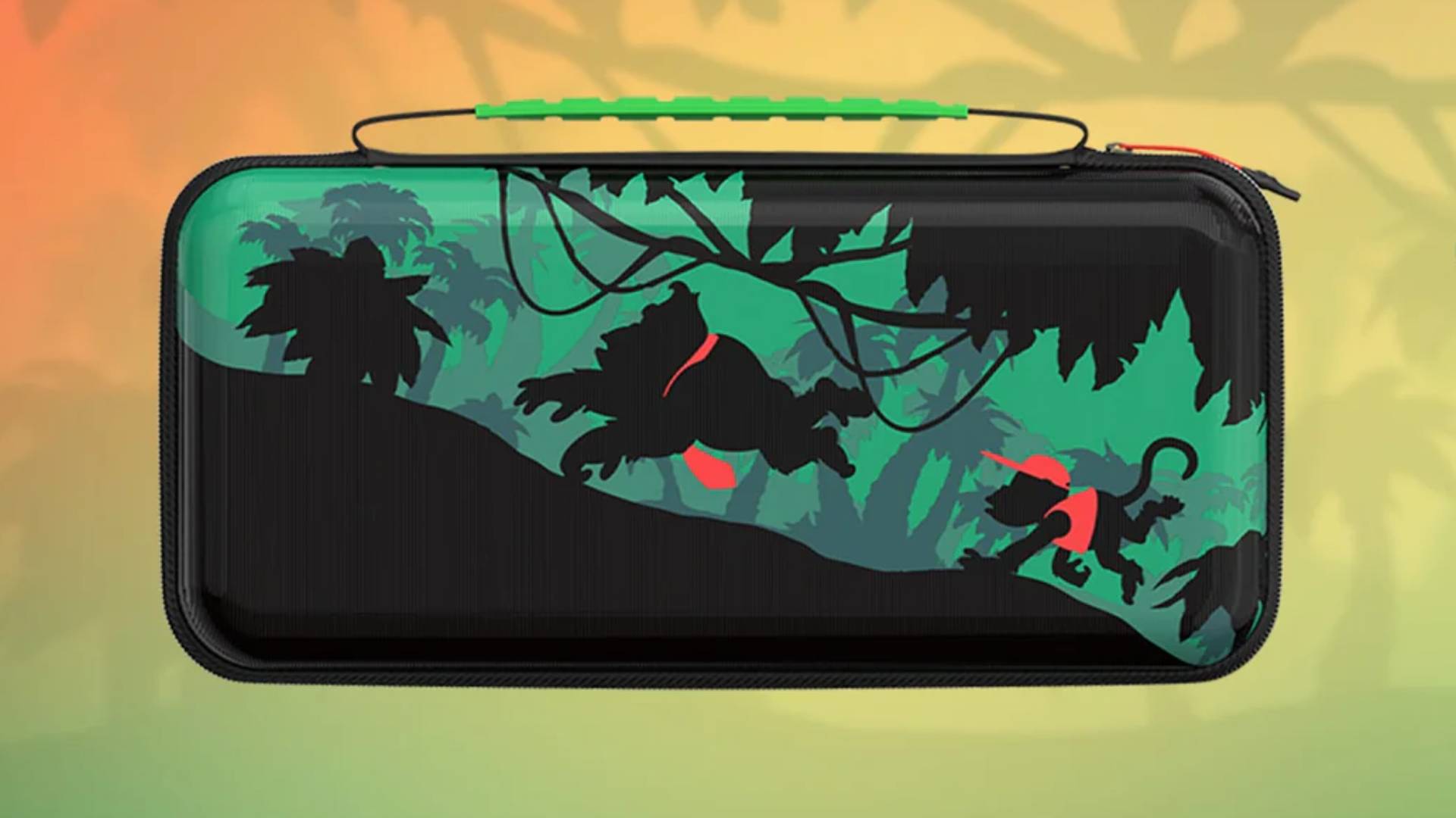 Image of a Switch 2 case coating in a Donkey Kong black and green design, on an orange and yellow background.
