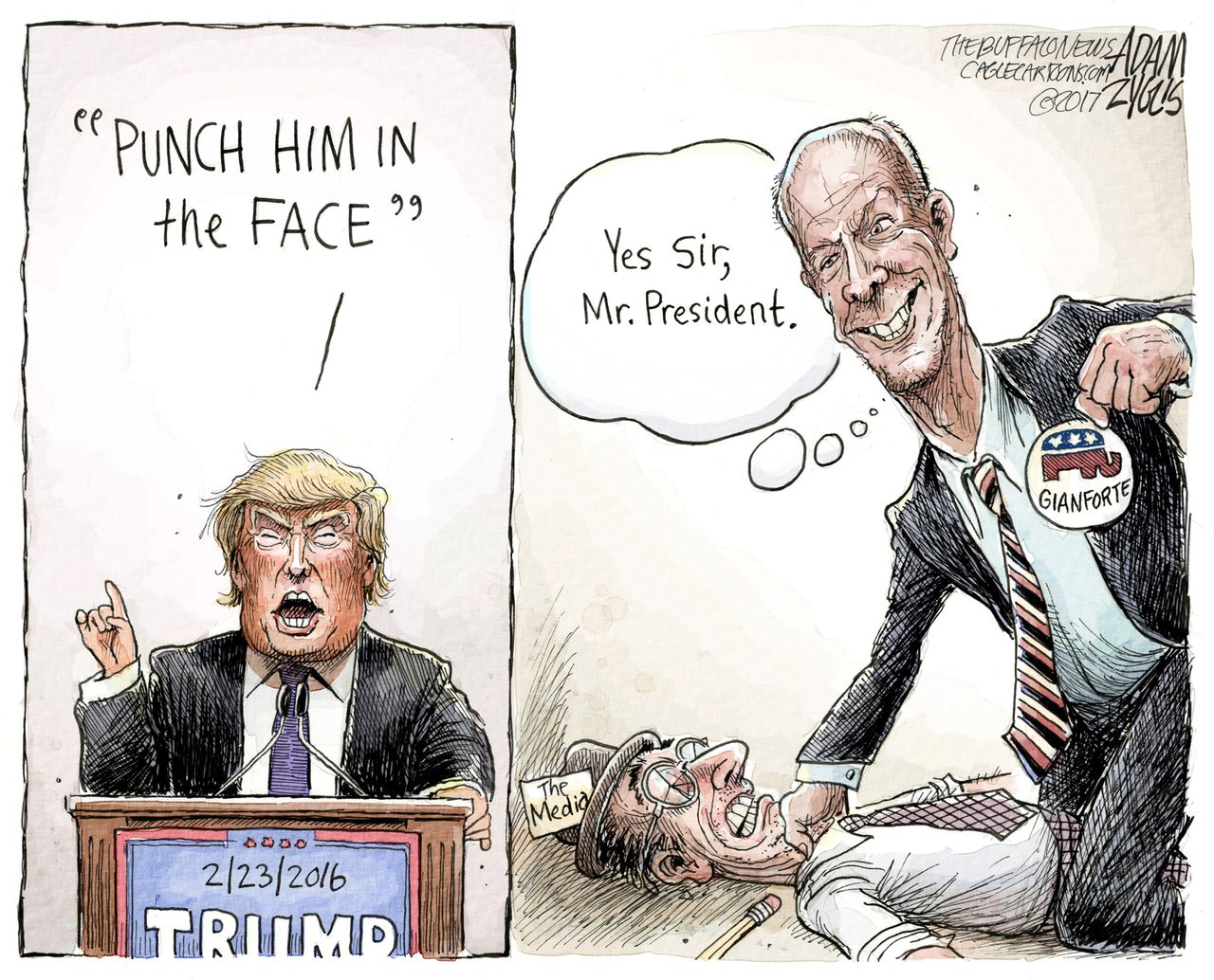 Political cartoon U.S. Trump violence Montana special election Greg Gianforte