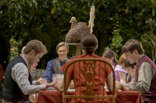 Pictured (L - R): Logan Shroyer as John Boy Walton, Teddy Sears as John Walton, and Bellamy Young as Olivia Walton