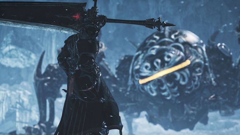 A hunter wearing Dark Knight-themed armor facing Omega Planetes in Monster Hunter Wilds.