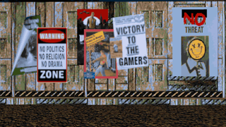 A picture of a Doom mod wherein several posters have been scrubbed free of political influence.