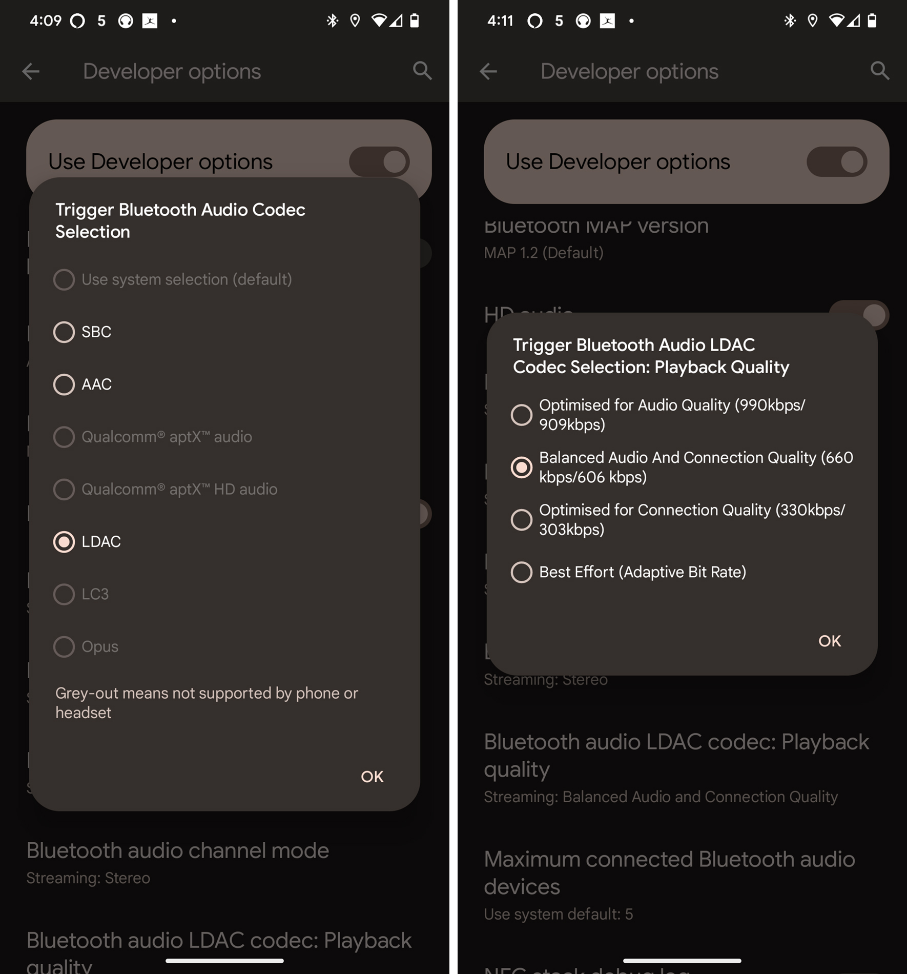 Screenshots showing Developer Options for Bluetooth codecs and quality.