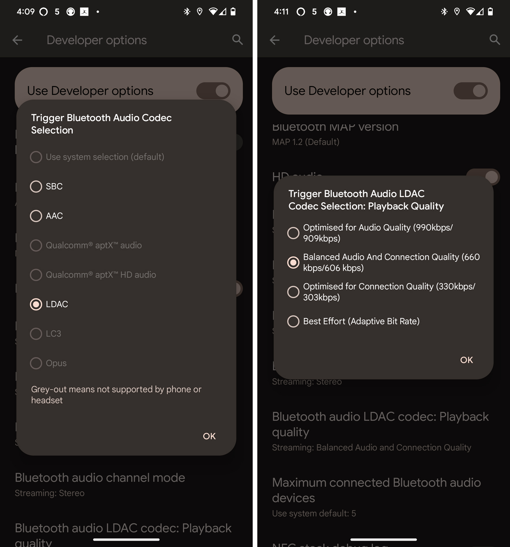 Capturas de tela mostrando as opções do desenvolvedor para codecs e qualidade Bluetooth.