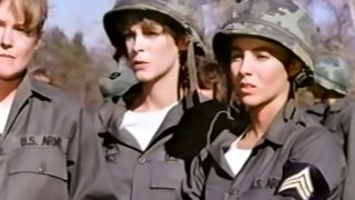 Kathleen Quinlan and Jamie Lee Curtis in Army fatigues in She’s in the Army Now