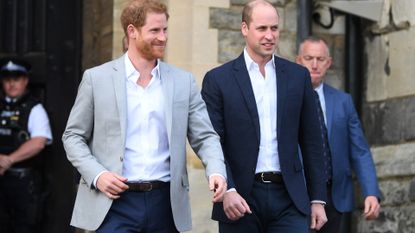 Prince Harry and Prince William, Duke of Cambridge embark on a walkabout ahead of the royal wedding of Prince Harry and Meghan Markle on May 18, 2018 in Windsor, England