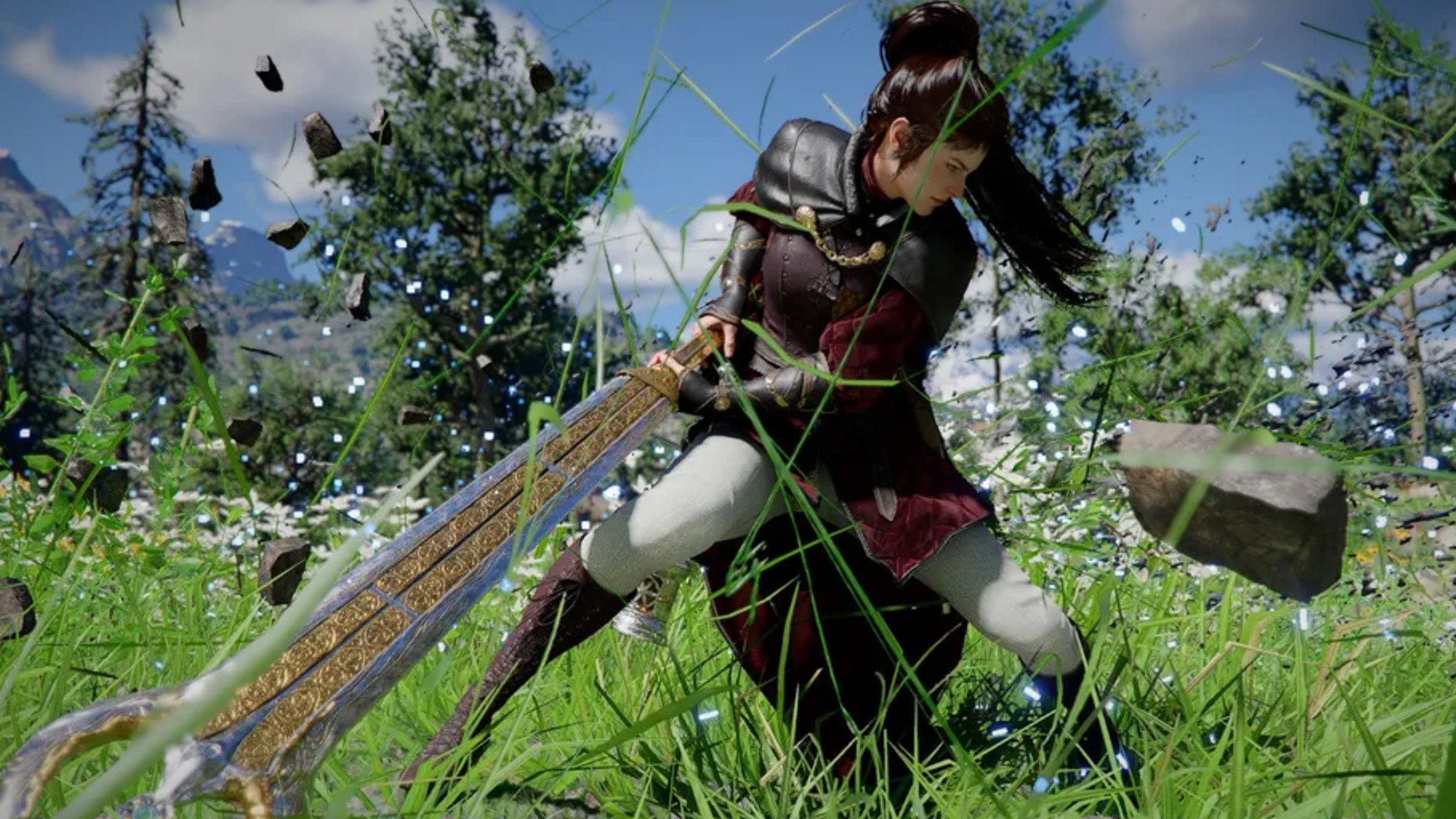 A long-haired woman wields a heavy, two-handed sword in Crimson Desert.