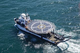 View of the SpaceX recovery ship GO Searcher from the air, taken during a 2018 exercise.