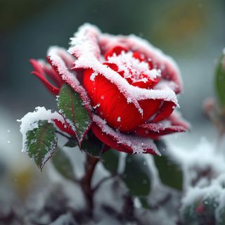 A red rose covered in snow during the winter