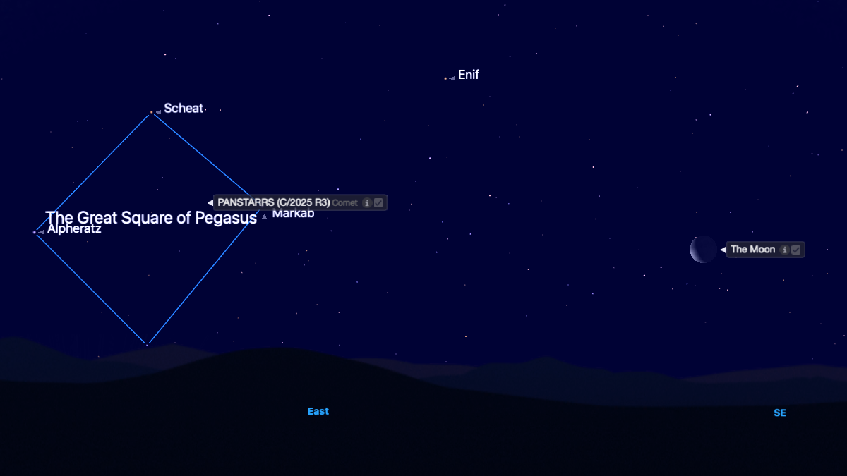 Un mapa estelar que muestra el gran cuadrado de Pegaso y varias estrellas y objetos etiquetados, incluida la luna. Dentro del cuadrado hay un punto etiquetado para el cometa Panstarrs.