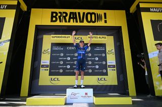 SUPERDEVOLUY LE DEVOLUY FRANCE JULY 17 Romain Gregoire of France and Team Groupama FDJ celebrates at podium as most combative rider prize winner during the 111th Tour de France 2024 Stage 17 a 1778km stage from SaintPaulTroisChateaux to Superdevoluy 1500m UCIWT on July 17 2024 in Superdevoluy Le Devoluy France Photo by Dario BelingheriGetty Images