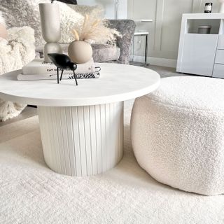 All white DIY fluted coffee table in white living room space
