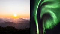 two panel image on the left is a rising sun over mountains and on the right is a corona aurora overhead with long curtains of vivid green light.