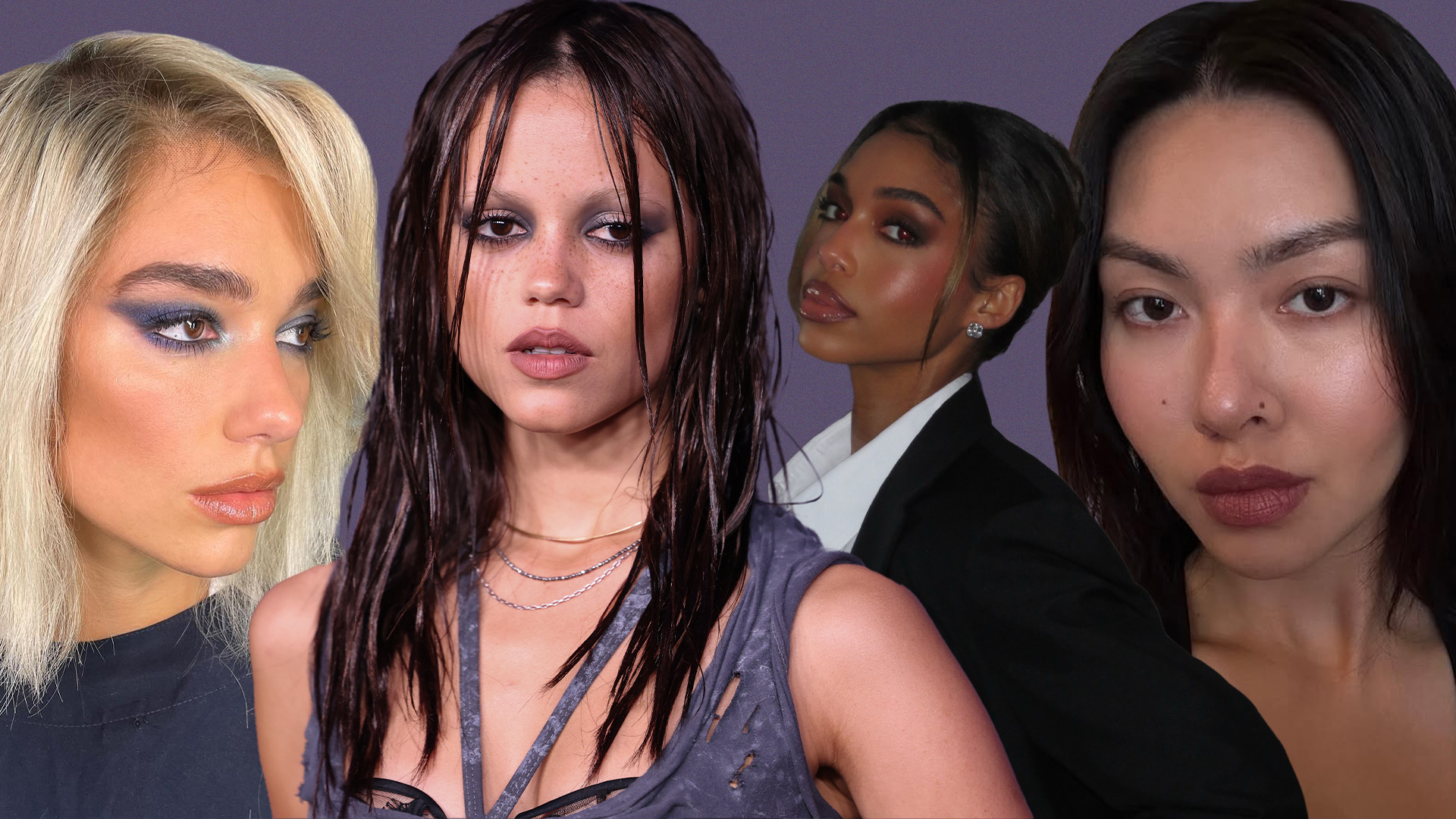 Photo collage of fall makeup looks worn by Jenna Ortega, Dua Lipa, Lori Harvey, and Mimi Nguyen