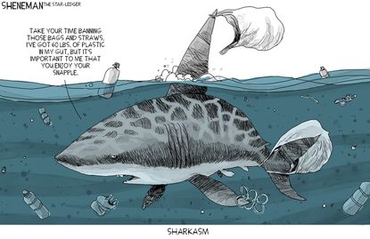 Editorial cartoon world shark sarcasm plastic bags straws Snapple climate change