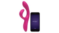 We-Vibe Nova 2 App Controlled Rechargeable Rabbit Vibrator next to phone displaying app