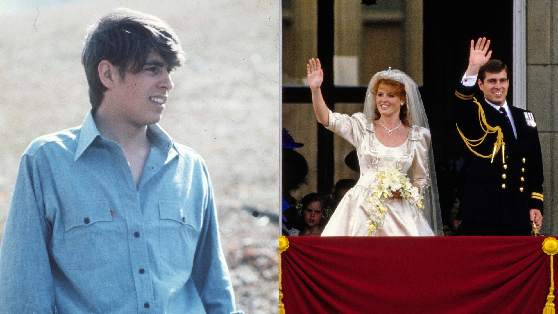 A teenage photo of Prince Andrew wearing a denim shirt; Prince Andrew and Sarah Ferguson waving from Buckingham Palace on their wedding day