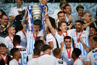 FC Zurich players celebrate victory over Young Boys in the 2018 Swiss Cup final.