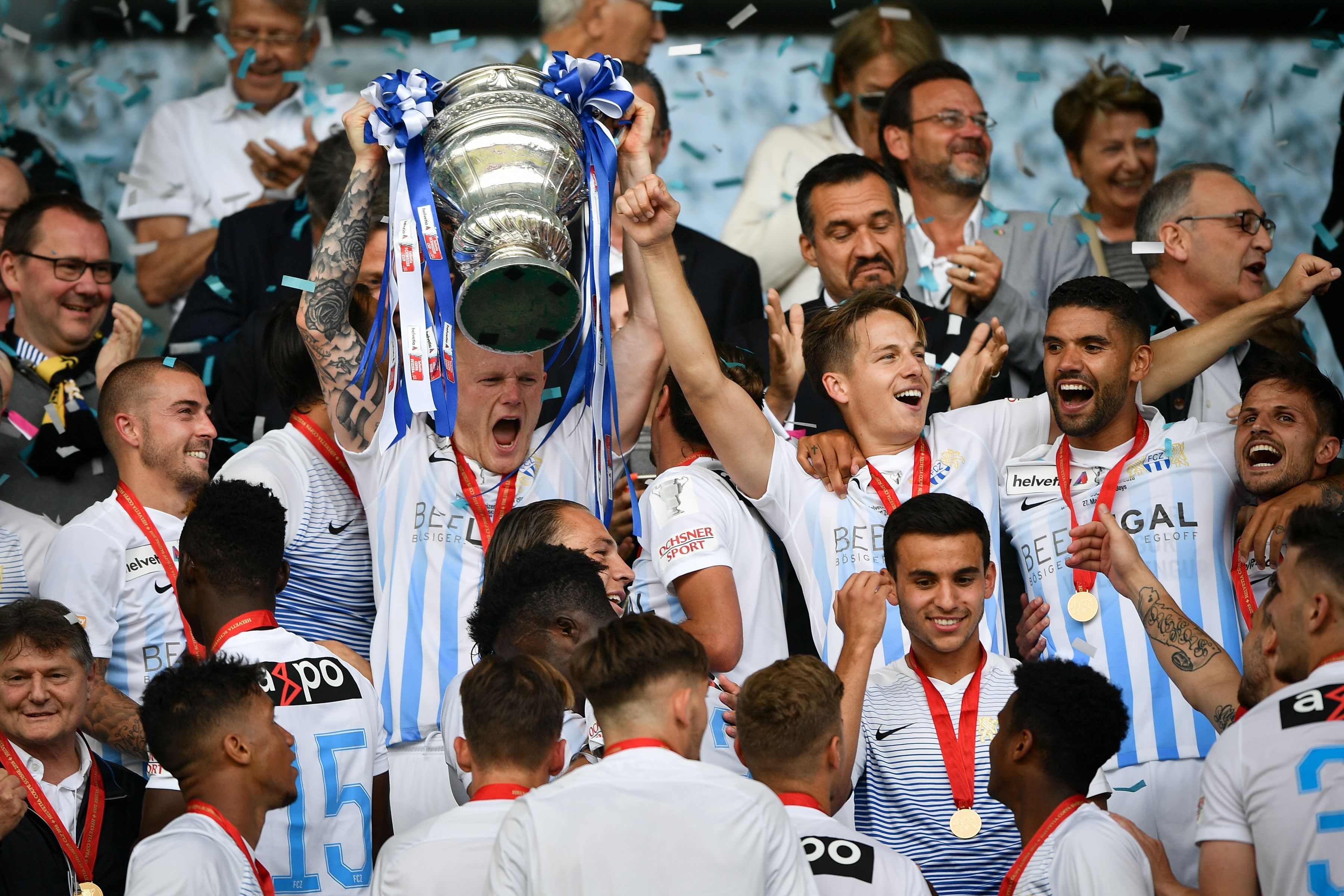 FC Zurich players celebrate victory over Young Boys in the 2018 Swiss Cup final.