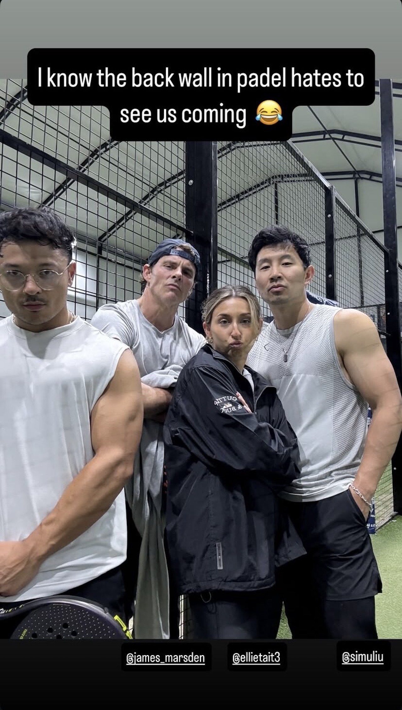James Marsden and Simu Liu posing together at a court with trainers on Ethan-Ira Mamuric's Instagram story with caption 