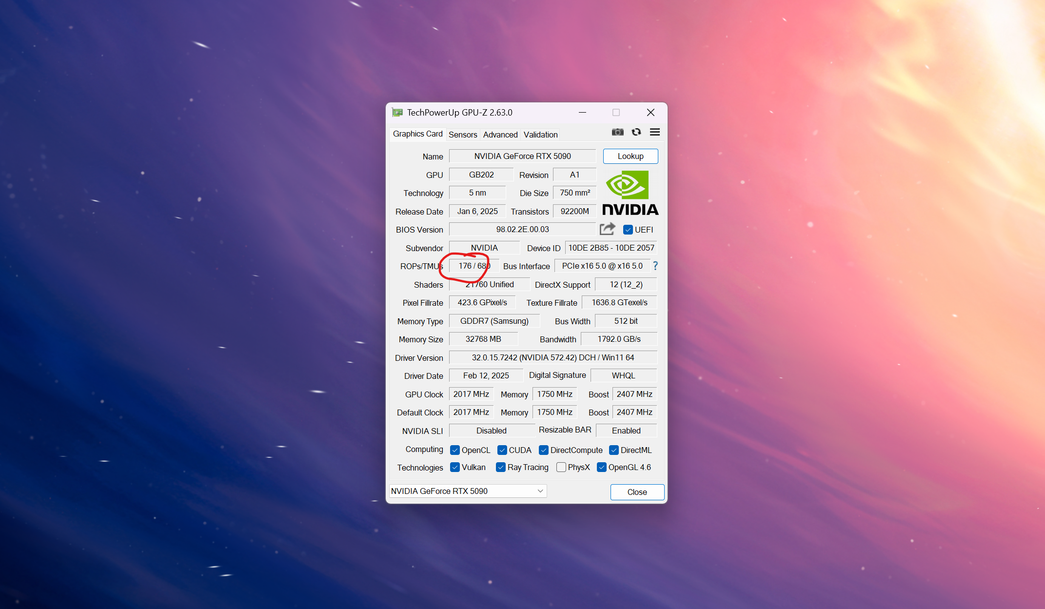 A screenshot of TechPowerUp's GPU-z software tool, with the GPU's ROP count highlighted