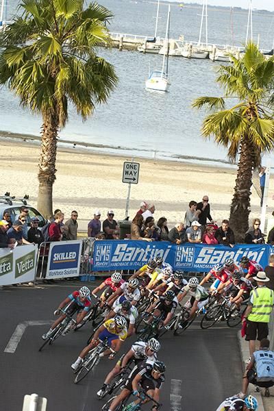 Riders in the men's elite field corner at the top-end of the hot-dog circuit on Geelong's Ritchie Boulevard.