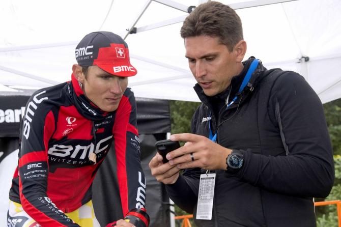 Tejay van Garderen (BMC) checking his data or Angry Birds high score