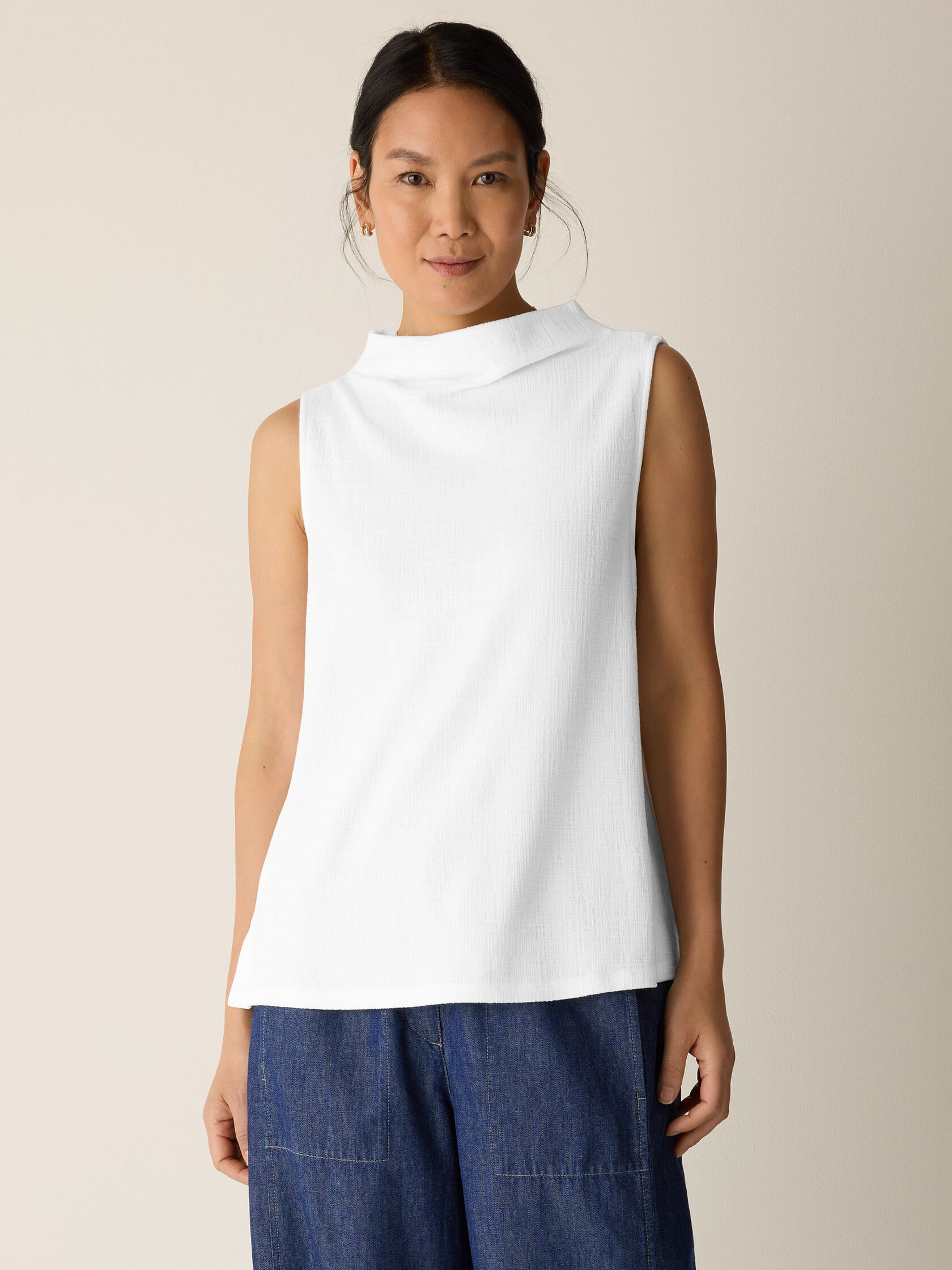 Eileen Fisher, Cross Hatch Stretch Jersey Funnel Neck Tank