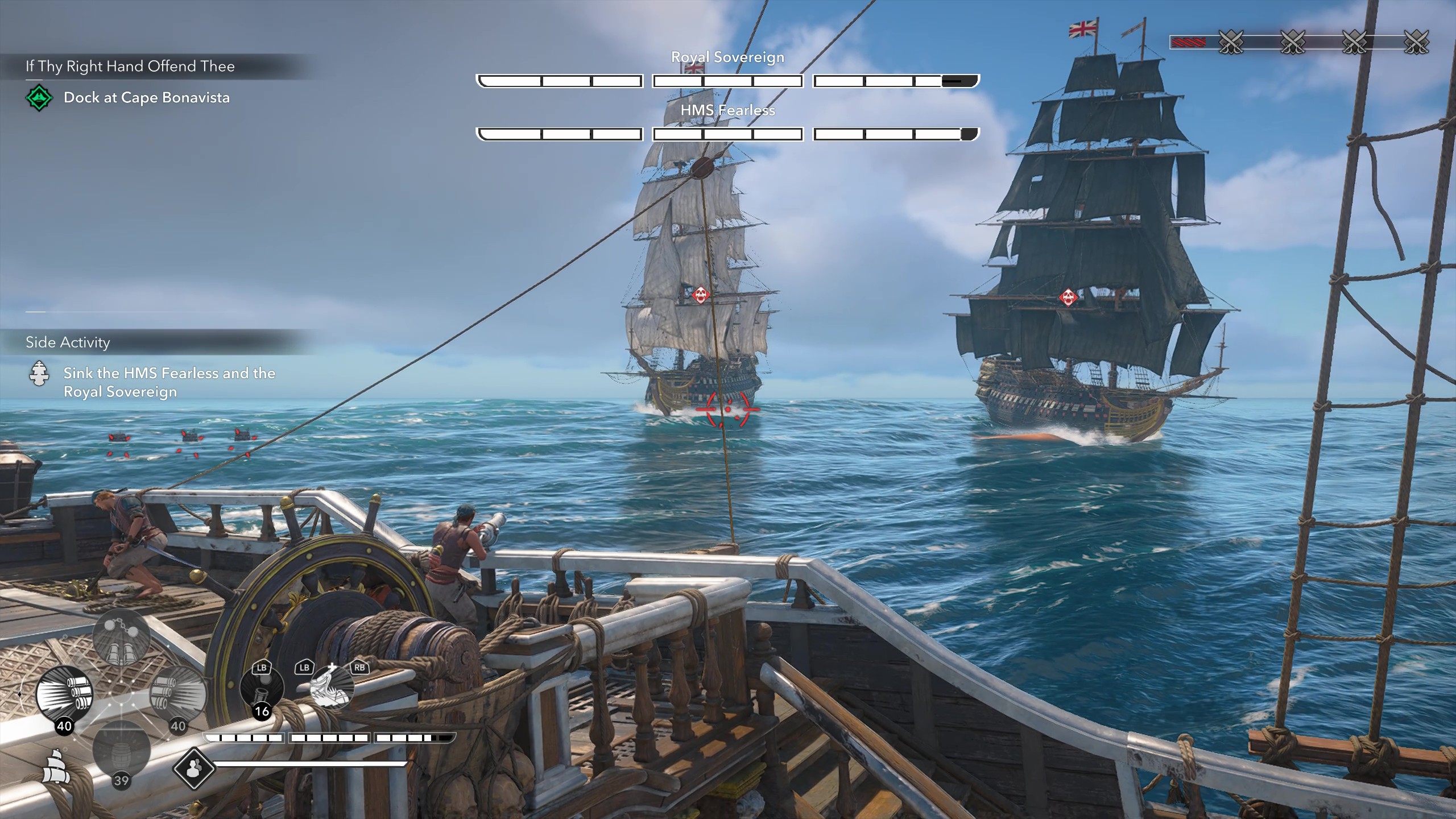 Gameplay of naval combat showing the player aiming at HMS Fearless and the Royal Sovereign.