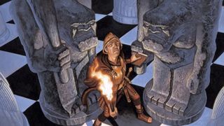A guard holding a flaming torch stands on a giant chessboard, surrounded by looming troll playing pieces
