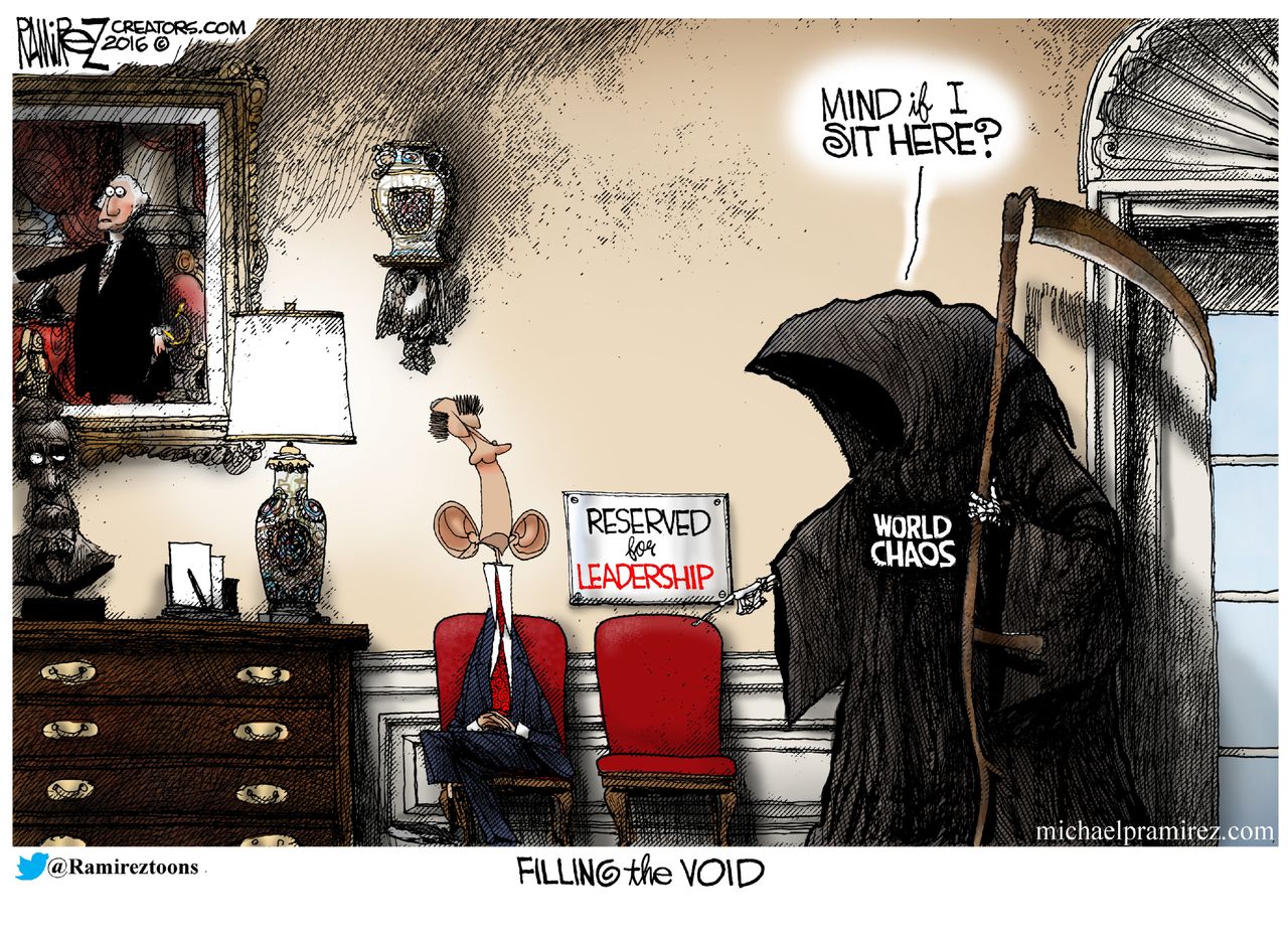 Political cartoon World President Obama chaos