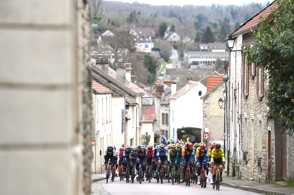 LES MUREAUX FRANCE MARCH 03 EDITORS NOTE Alternate crop LR Primoz Roglic of Slovenia and Team BORA hansgrohe Jasper Stuyven of Belgium Otto Vergaerde of Belgium and Team Lidl Trek and Koen Bouwman of The Netherlands and Team Visma Lease a Bike lead the peloton during the 82nd Paris Nice 2024 Stage 1 a 1577km stage from Les Mureaux to Les Mureaux UCIWT on March 03 2024 in Les Mureaux France Photo by Alex BroadwayGetty Images