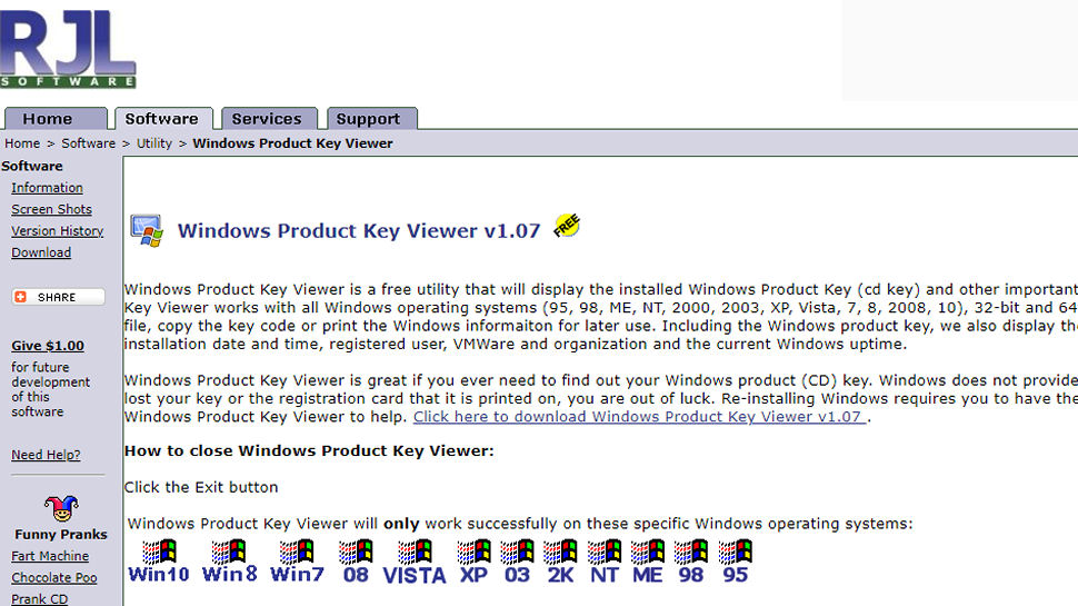 Website screenshot of Windows Product Key Viewer