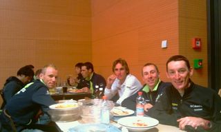 Marco Pinotti and the Liquigas riders stop for food during the long drive to Maastricht