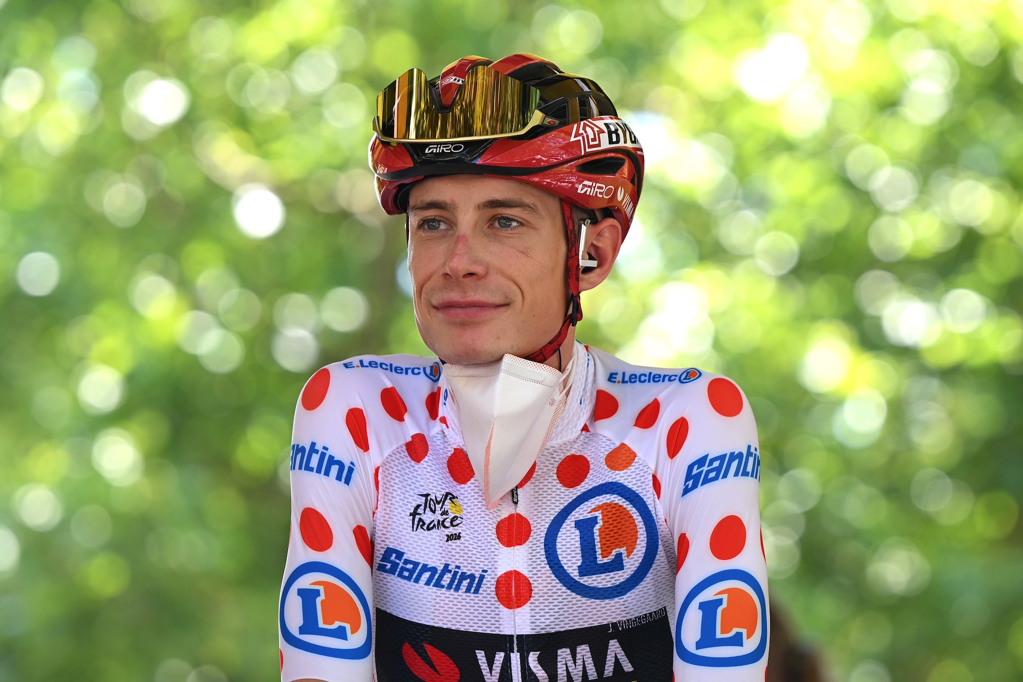 PERIGUEUX, FRANCE - JULY 11: Jonas Vingegaard of Denmark and Team Visma | Lease a Bike - Polka dot Mountain Jersey prior to the 113th Tour de France 2026, Stage 8 a 180.4km stage from Perigueux to Bergerac / #UCIWT / on July 11, 2026 in Perigueux, France. (Photo by Dario Belingheri/Getty Images)