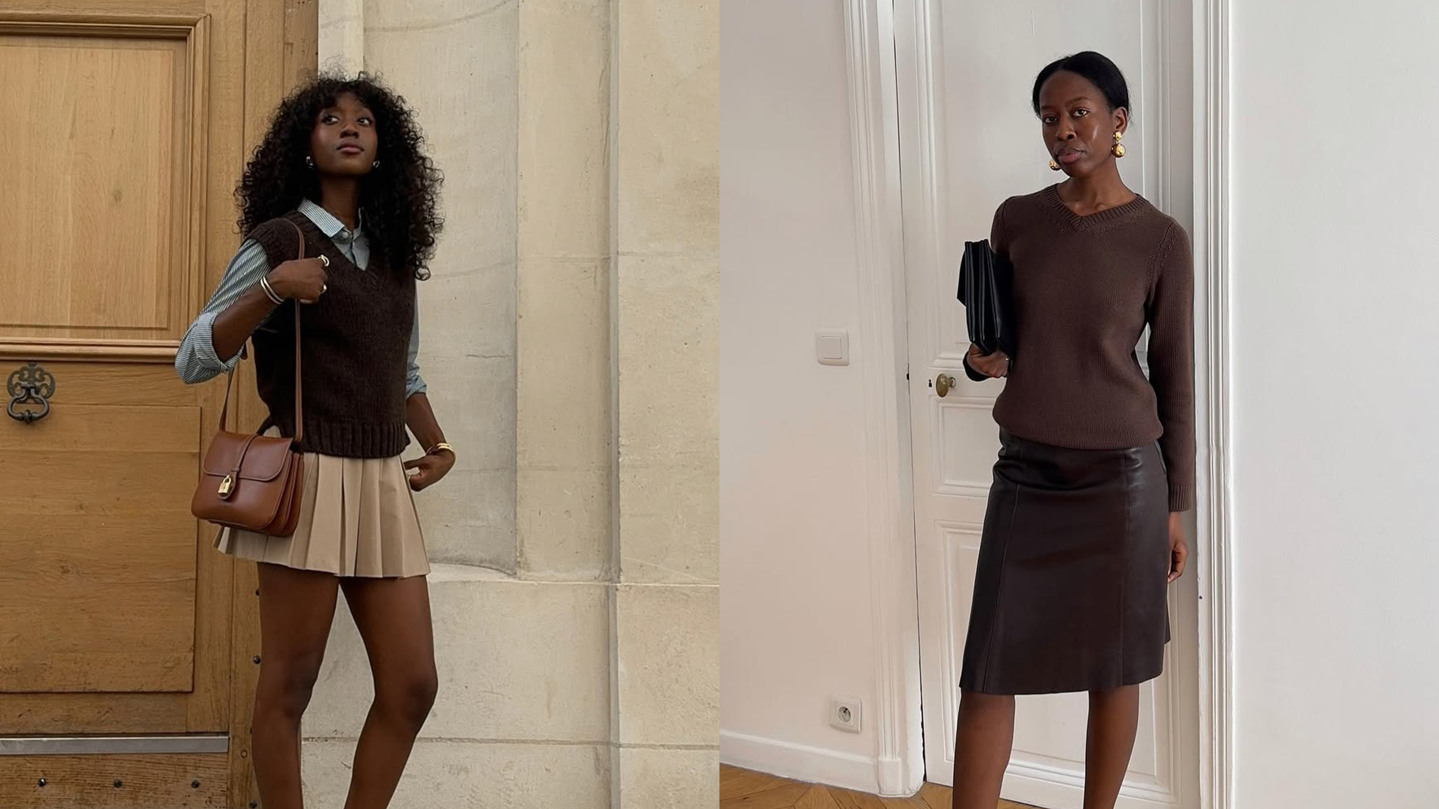 Emmanuelle Koffi captures the essence of Parisian fall in this preppy ensemble with a pleated miniskirt. She rolls up the sleeves on her striped blue button-down styled under a sweater vest. Stylist Sylvie Mus wears a fabulous monochromatic look. Perfect for autumn in Paris, the chocolate ensemble exudes a rich and timeless look. 